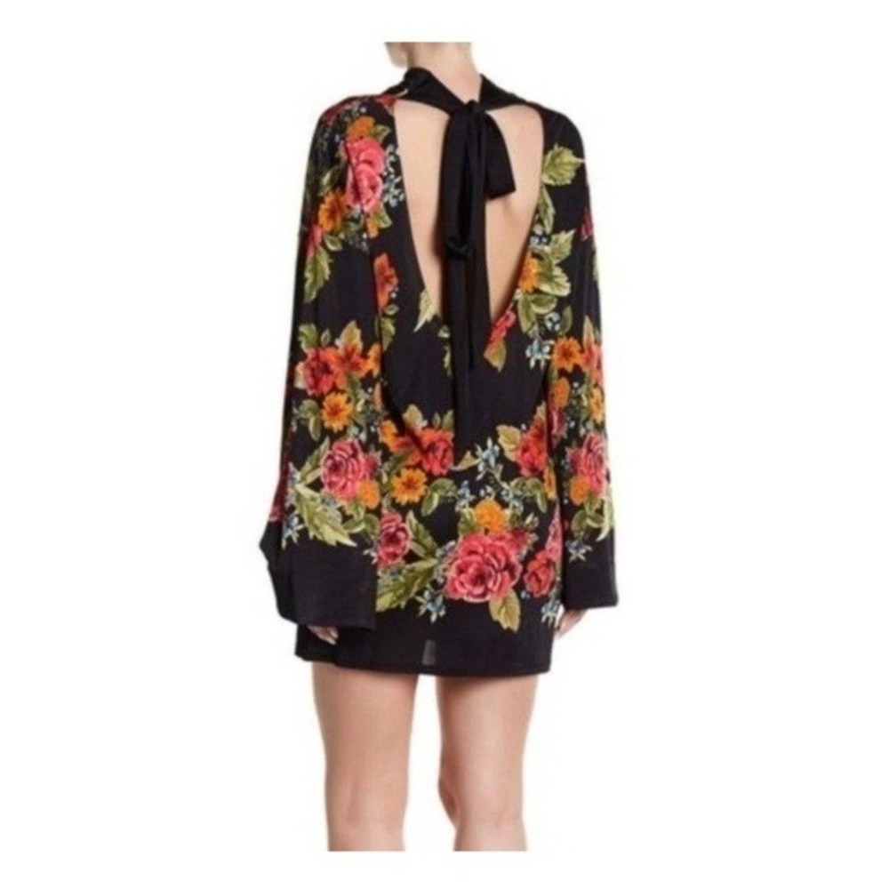 Free People X Revolve Mini Dress S Black Floral Oversized Open Tie Back Event